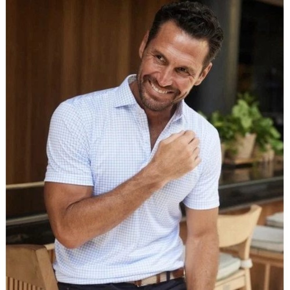 Collars & Co. Performance Polo Mens Medium White Blue Grid Check Preppy Casual